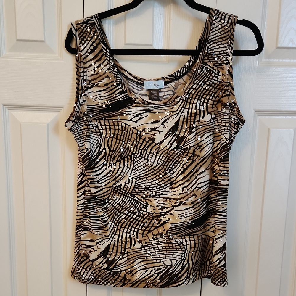 Clear Sky Women's Tan and Black Patterned Top Sleevless